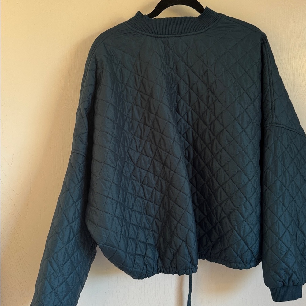 Free People Quilted Puffer Jacket Womens Size Large Teal Blue Drawstring - Picture 3 of 4